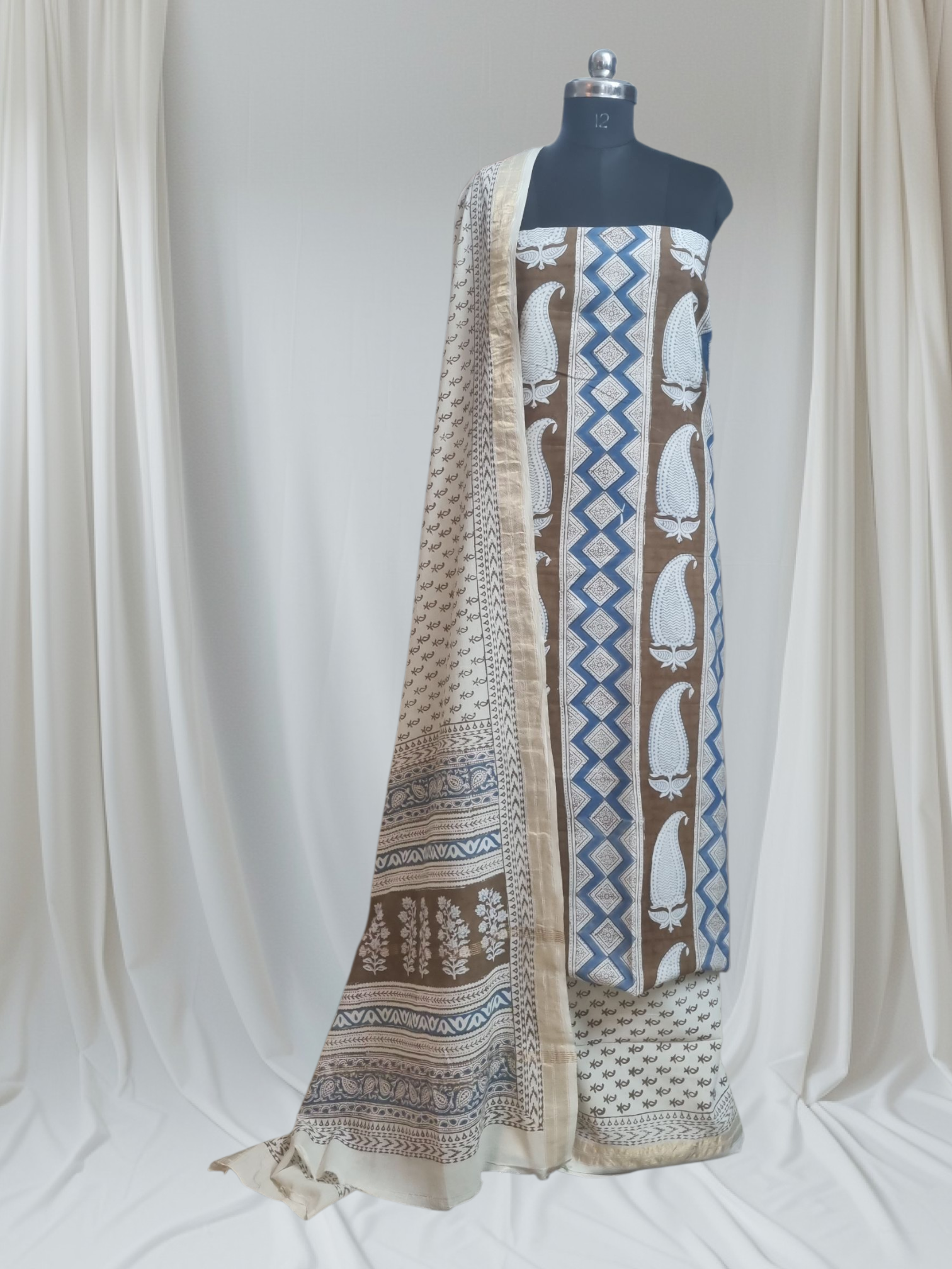 3-Piece Unstitched Suit Set – Chanderi Silk – Cream, Brown & Blue – Indian Handloom