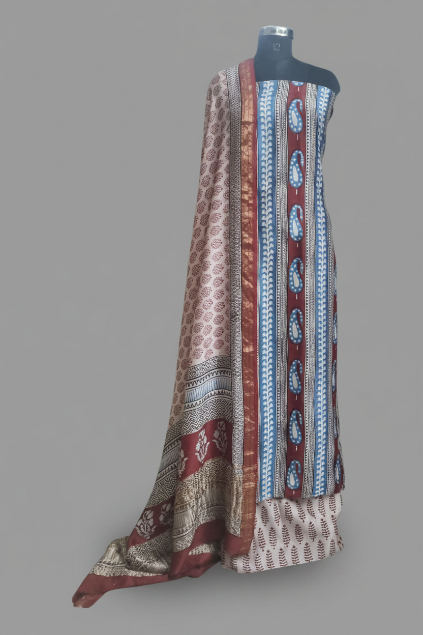 "Maheshwari Silk Bagh Hand Block Print Unstitched Suit – Maroon & Blue – Tantuvanacrafts"