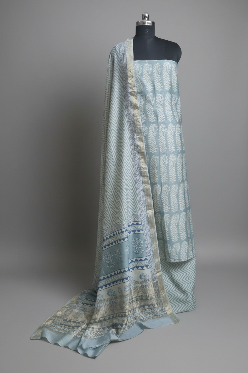 Maheshwari Silk Bagh Block Print Unstitched Suit – Powder Blue – Tantuvanacrafts