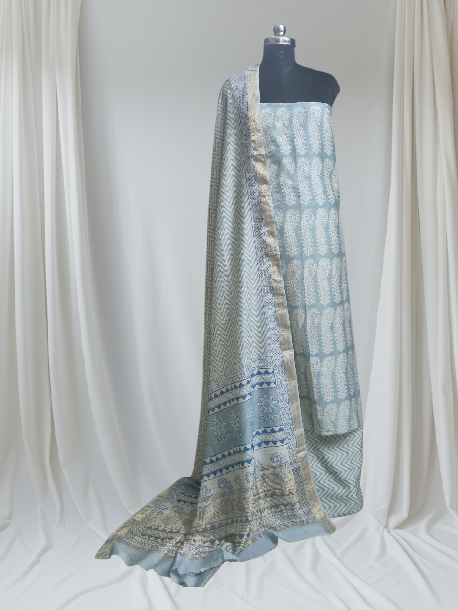 Maheshwari Silk Bagh Print Suit – Studio Shot – Powder Blue – Tantuvanacrafts