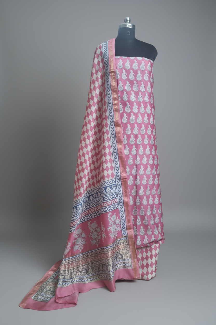 Maheshwari Silk Bagh Block Print Unstitched Suit – Pink – Tantuvanacrafts