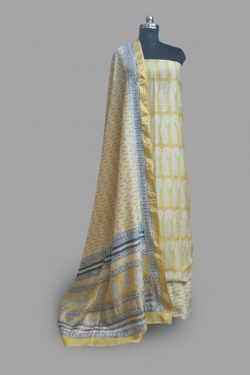 Maheshwari Silk Bagh Block Print Unstitched Suit – Sunshine Yellow – Tantuvanacrafts