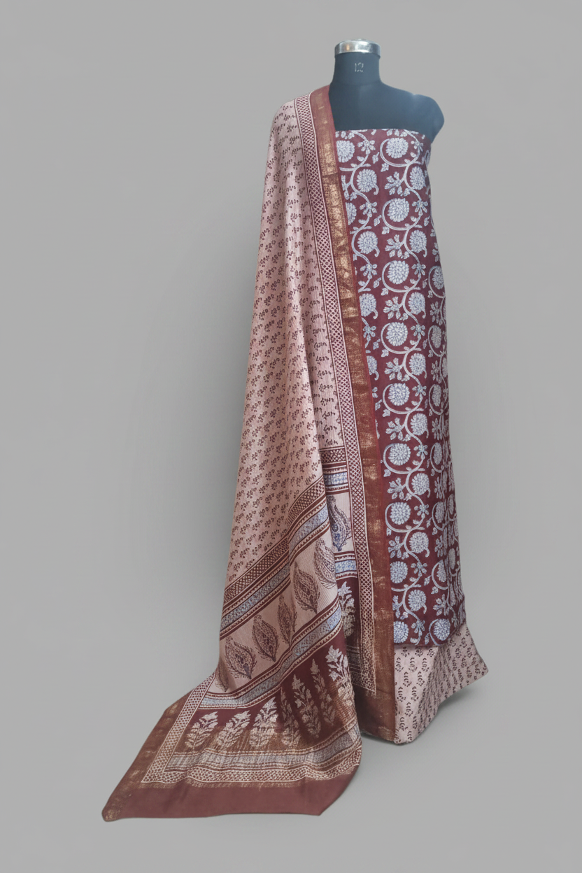 Maheshwari Silk Bagh Block Print Unstitched Suit – Maroon – Tantuvanacrafts
