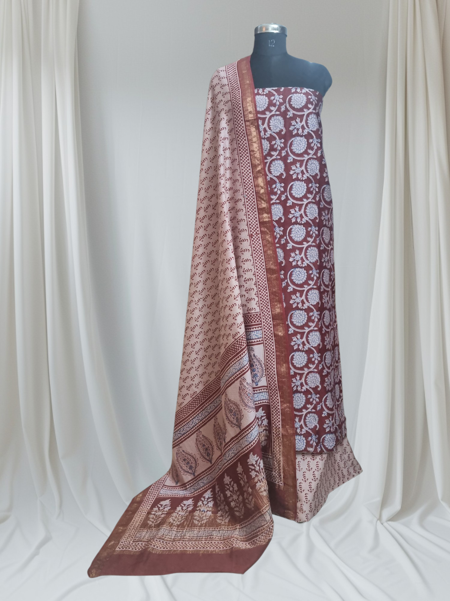 Maheshwari Silk Bagh Print Suit – Studio Shot – Maroon – Tantuvanacrafts