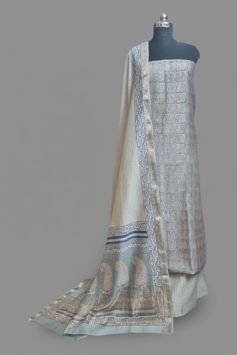 Maheshwari Silk Bagh Block Print Unstitched Suit – Powder Blue – Tantuvanacrafts