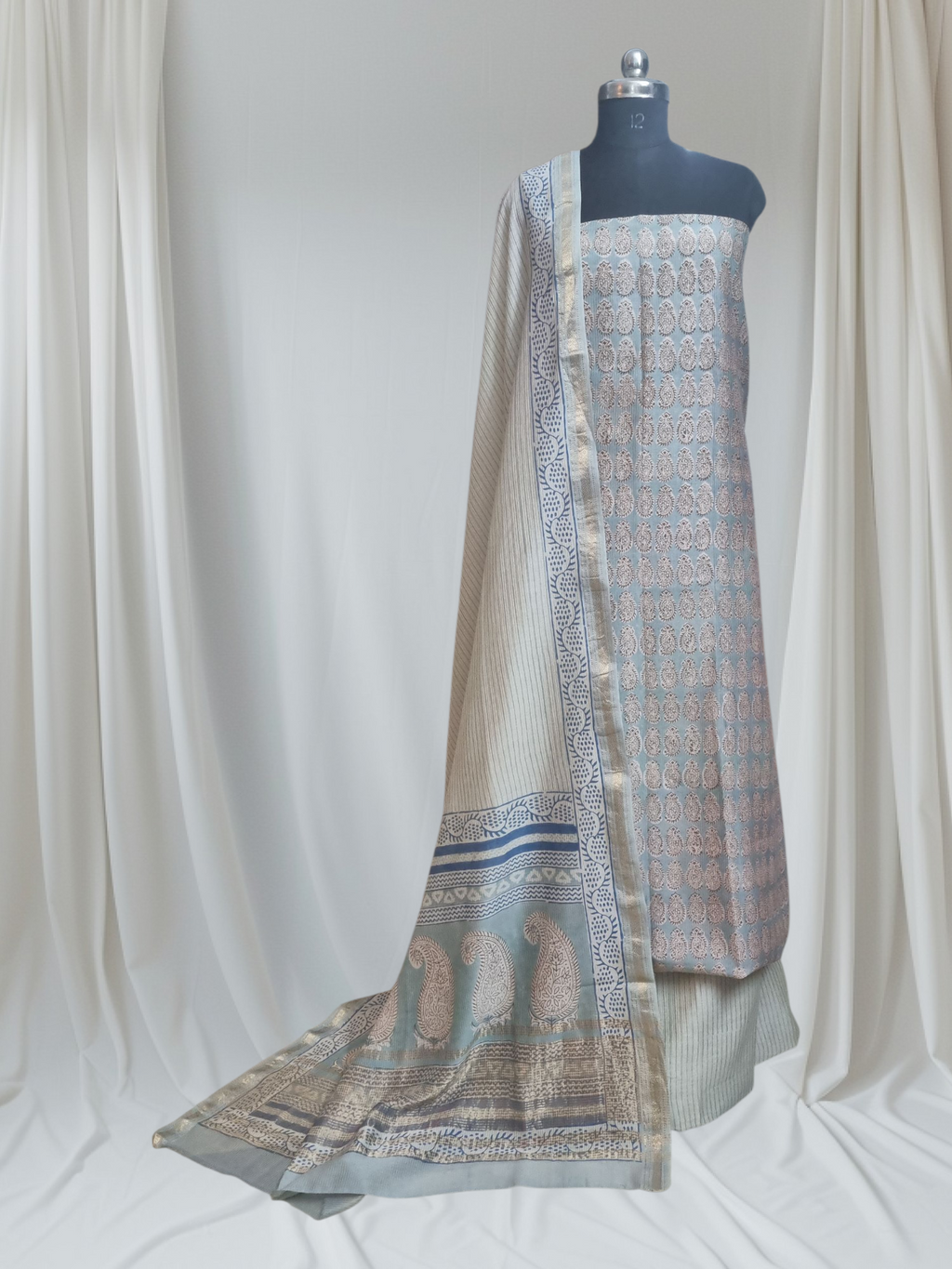 Maheshwari Silk Bagh Print Suit – Studio Shot – Powder Blue – Tantuvanacrafts
