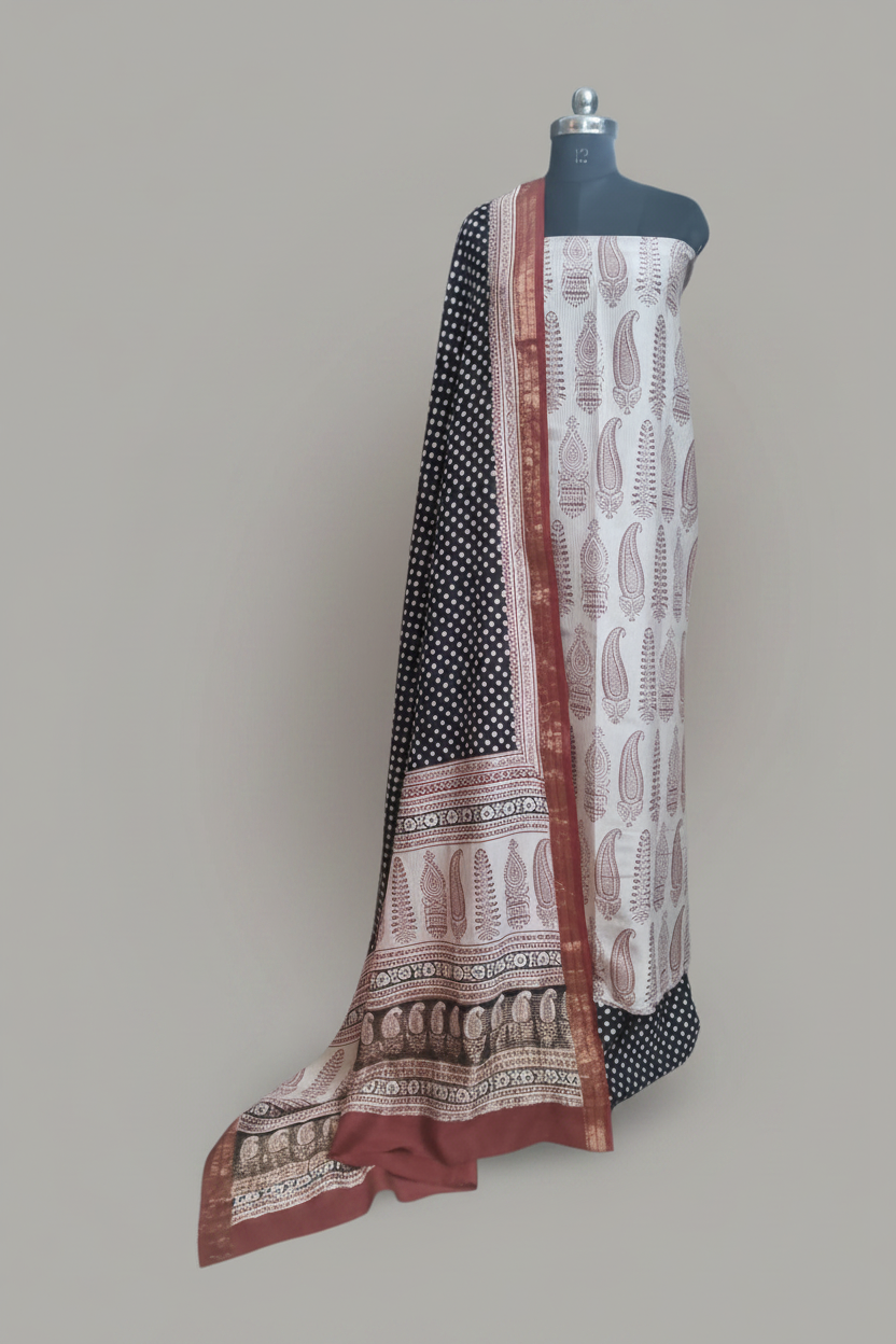 Maheshwari Silk Bagh Block Print Unstitched Suit – Maroon, Beige & Black – Tantuvanacrafts