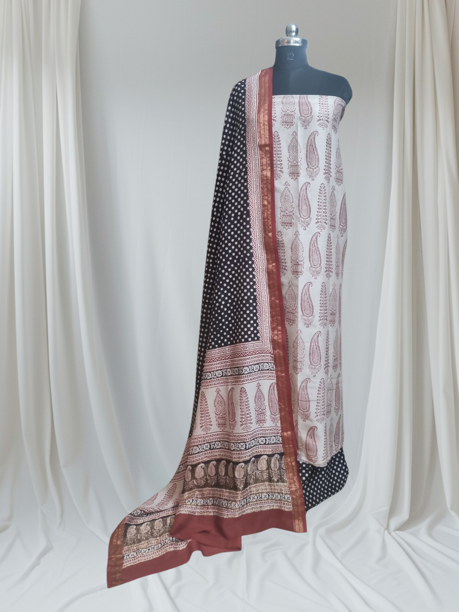 Maheshwari Silk Bagh Print Suit – Studio Shot – Maroon Beige & Black – Tantuvanacrafts