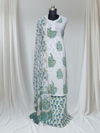 Block Print Cotton 3-Piece Unstitched Suit with Powder Blue Gota Patti Neckline – Front View