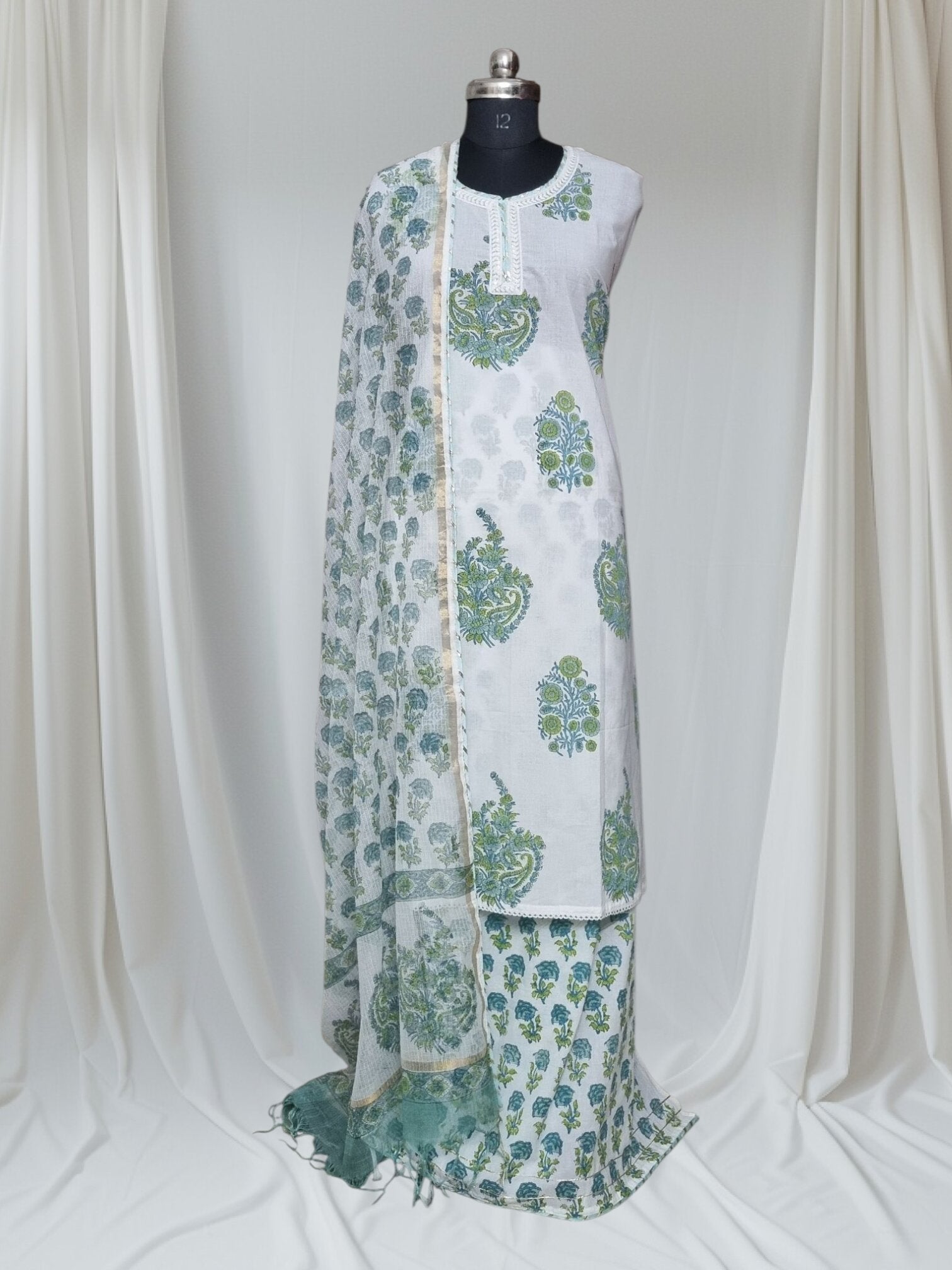 Block Print Cotton 3-Piece Unstitched Suit with Powder Blue Gota Patti Neckline – Front View