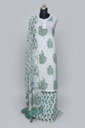 Powder Blue Gota Patti Neckline Block Print Cotton Unstitched Suit – Kota Doria Dupatta – Hero Shot