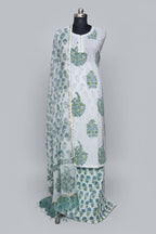 Powder Blue Gota Patti Neckline Block Print Cotton Unstitched Suit – Kota Doria Dupatta – Hero Shot