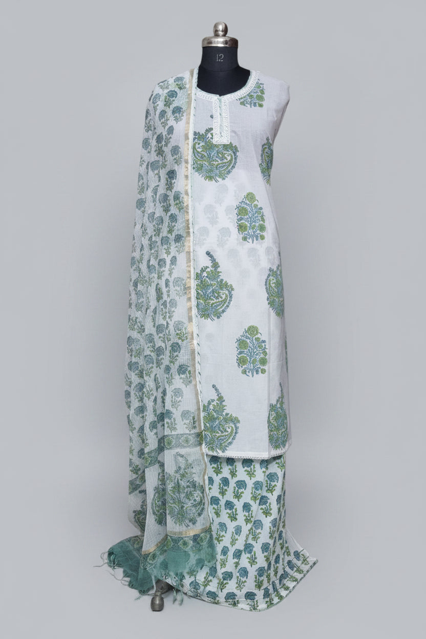 Powder Blue Gota Patti Neckline Block Print Cotton Unstitched Suit – Kota Doria Dupatta – Hero Shot