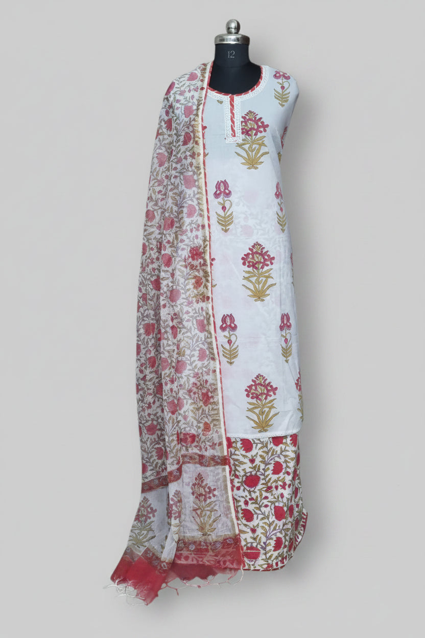 Red Gota Patti neckline unstitched cotton suit set with Kota Doria dupatta – Indian handloom