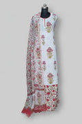 Red Gota Patti neckline unstitched cotton suit set with Kota Doria dupatta – Indian handloom