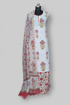 Red Gota Patti neckline unstitched cotton suit set with Kota Doria dupatta – Indian handloom