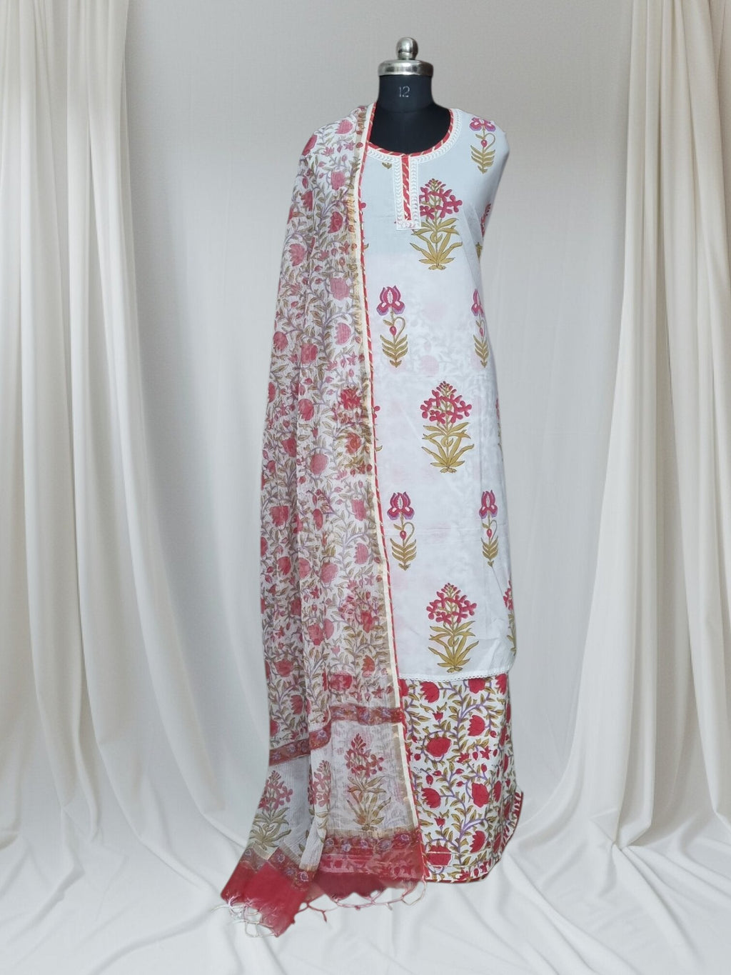 Full 3-piece Indian handloom suit set – Mughal print, Gota Patti, Kota Doria dupatta