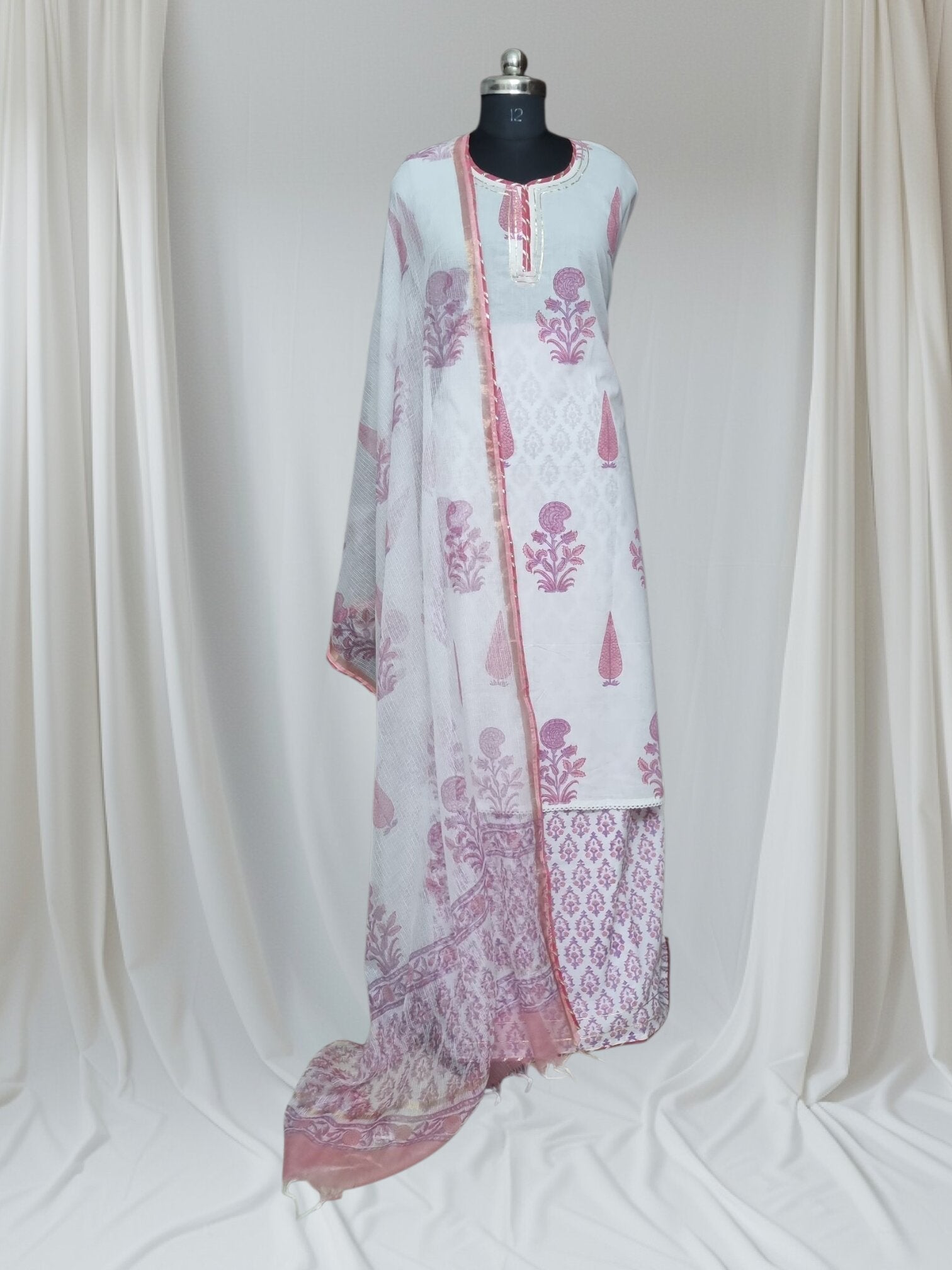 White Pink Cotton 3-Piece Unstitched Suit with Fuchsia Pink Gota Patti Neckline – Front View