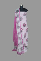 Block print cotton unstitched suit in cream and pink with Kota Doria dupatta – front flat lay