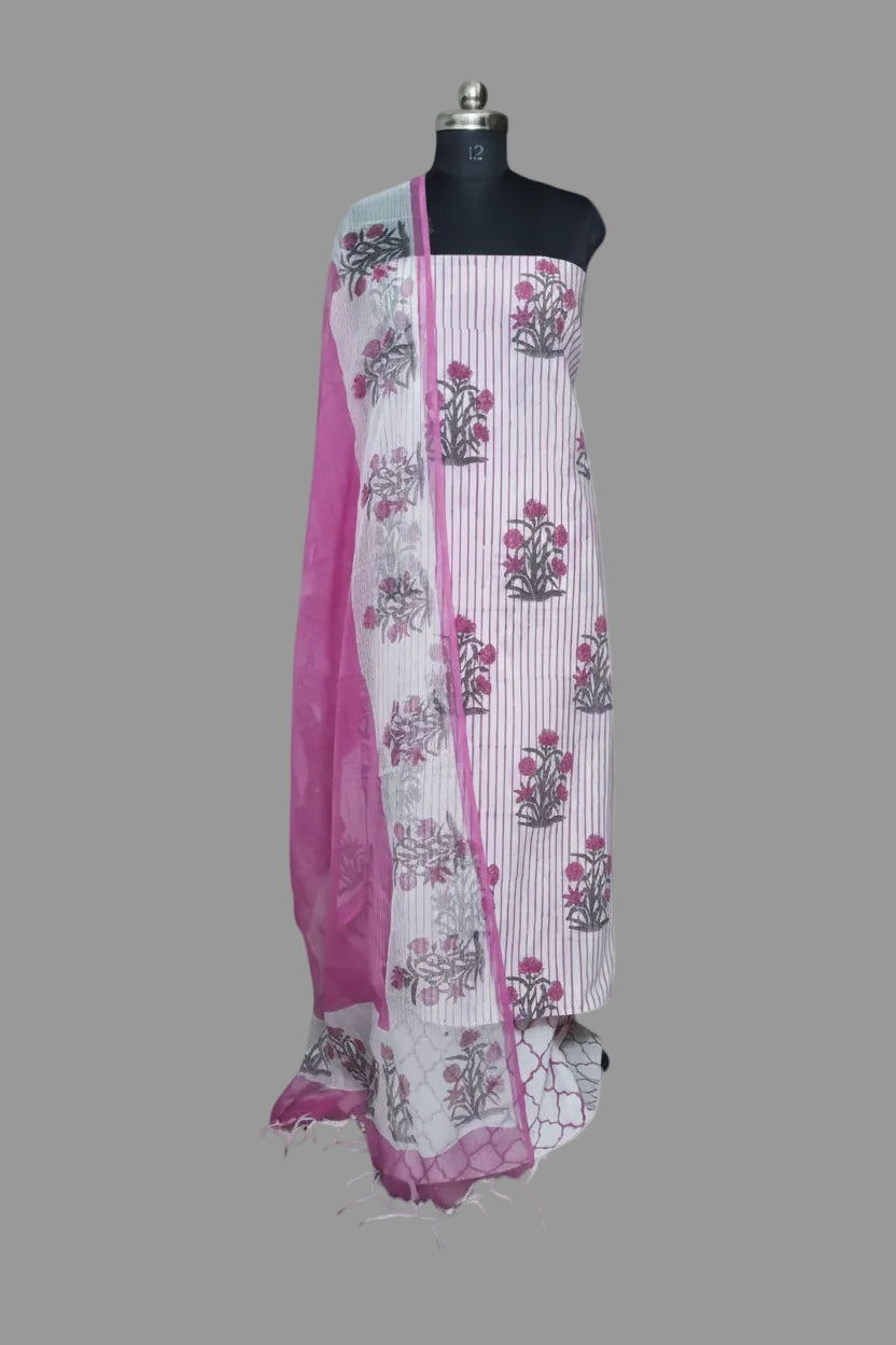 Block print cotton unstitched suit in cream and pink with Kota Doria dupatta – front flat lay