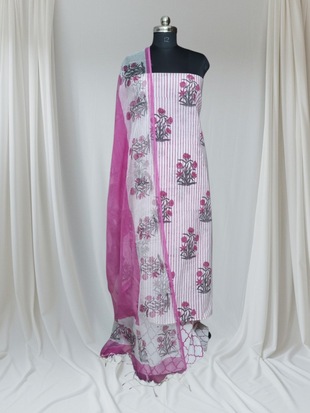 Cream pink block print unstitched suit – editorial product shot