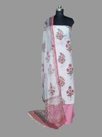 Mughal Block Print Cotton Unstitched Suit – Pink & White with Kota Doria Dupatta