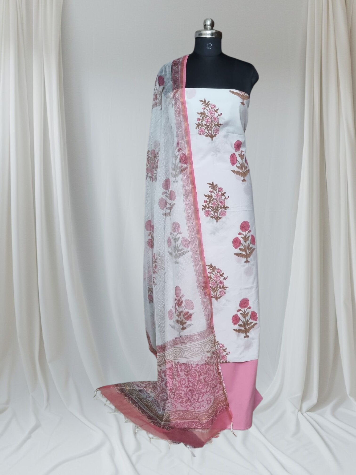Mughal Print Unstitched Salwar Suit – Pink White Cotton with Kota Doria Dupatta