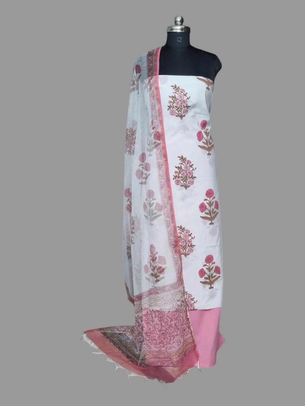 Mughal Block Print Cotton Unstitched Suit – Pink & White with Kota Doria Dupatta
