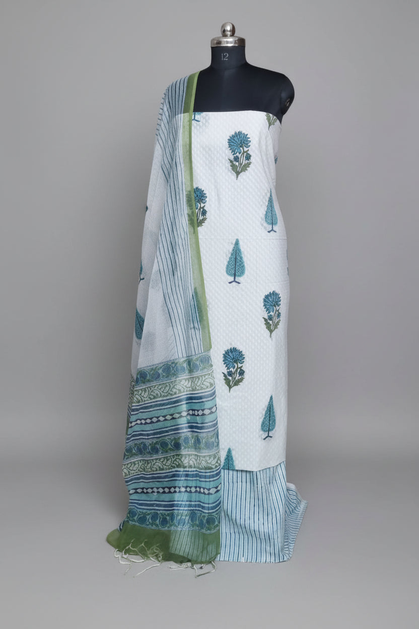 Floral Mughal Block Print Cotton Unstitched Suit – White Blue Green – Hero Shot