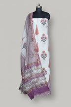 Indian handloom Mughal block print 3-piece unstitched salwar suit with Chanderi dupatta – front view