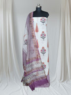 Indian handloom 3-piece unstitched suit in Mughal block print with Chanderi silk dupatta – styled look