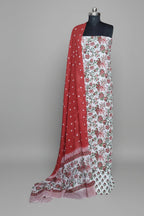 Block Print Cotton Unstitched Suit in White and Red with Tie and Dye Block Print Dupatta – Front View