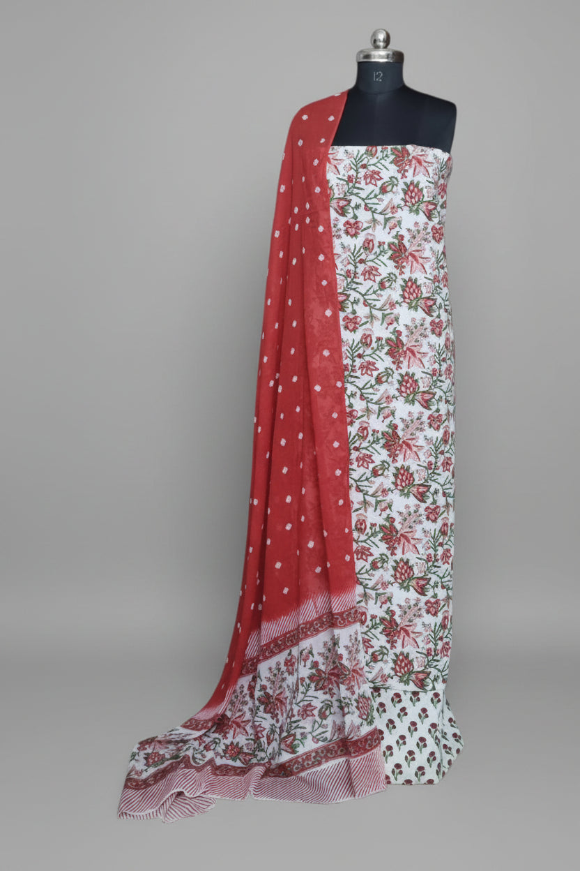 Block Print Cotton Unstitched Suit in White and Red with Tie and Dye Block Print Dupatta – Front View