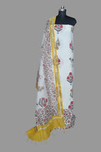 Indian handloom Mughal block print unstitched salwar suit with Chanderi silk dupatta – front view
