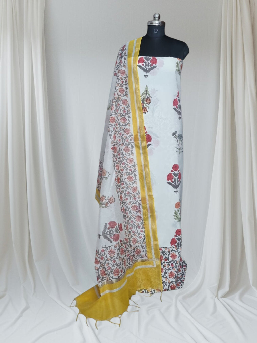 Mughal block print Indian handloom 3-piece unstitched suit with Chanderi silk dupatta – styled look