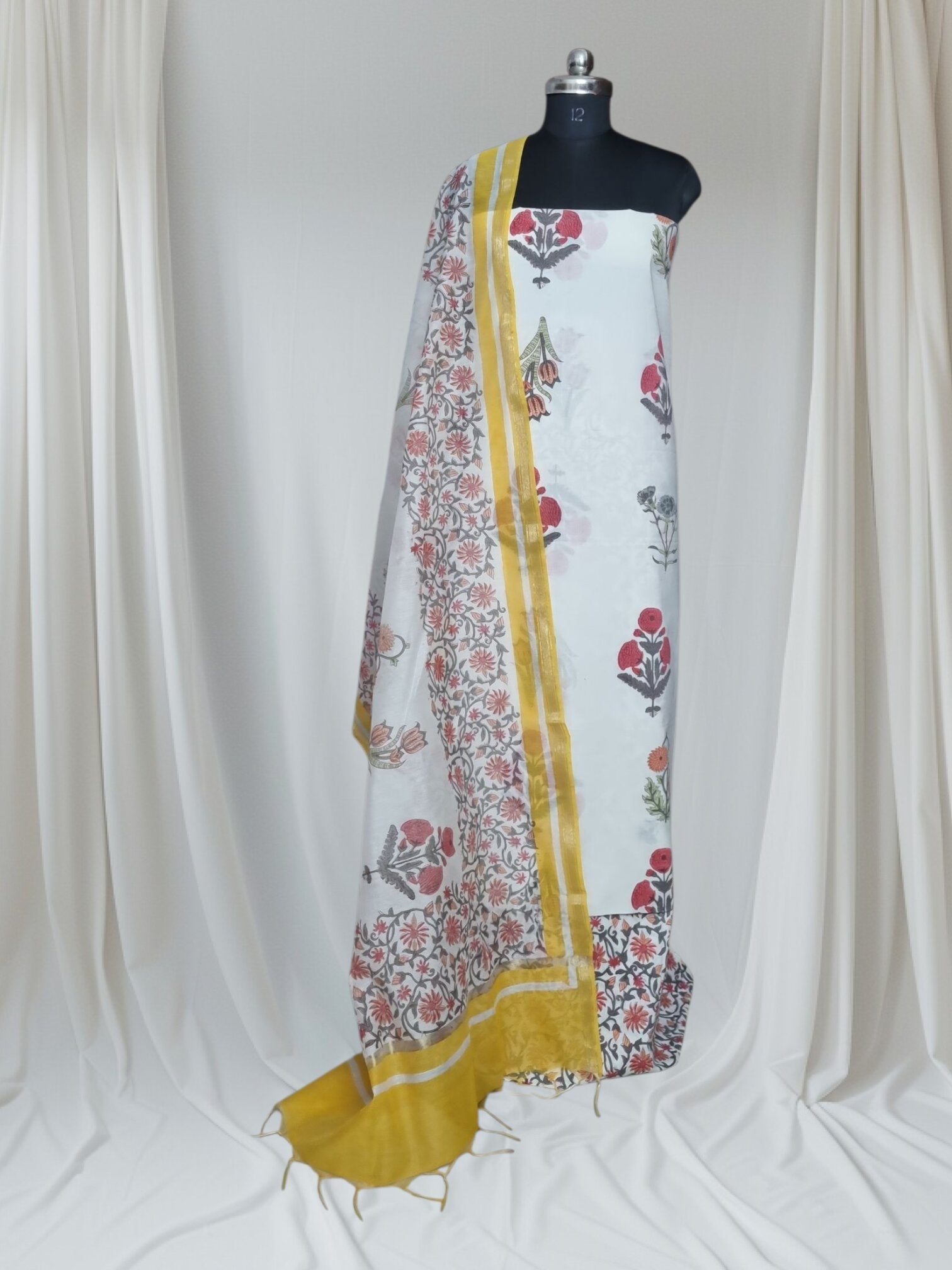 Mughal block print Indian handloom 3-piece unstitched suit with Chanderi silk dupatta – styled look