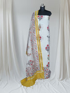 Mughal block print Indian handloom 3-piece unstitched suit with Chanderi silk dupatta – styled look