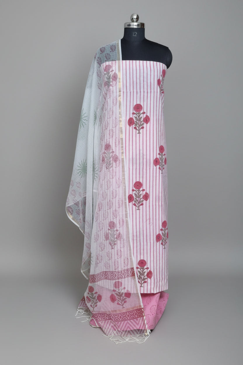 Block Print Cotton Unstitched Suit in White and Pink with Kota Doria Dupatta – Front View