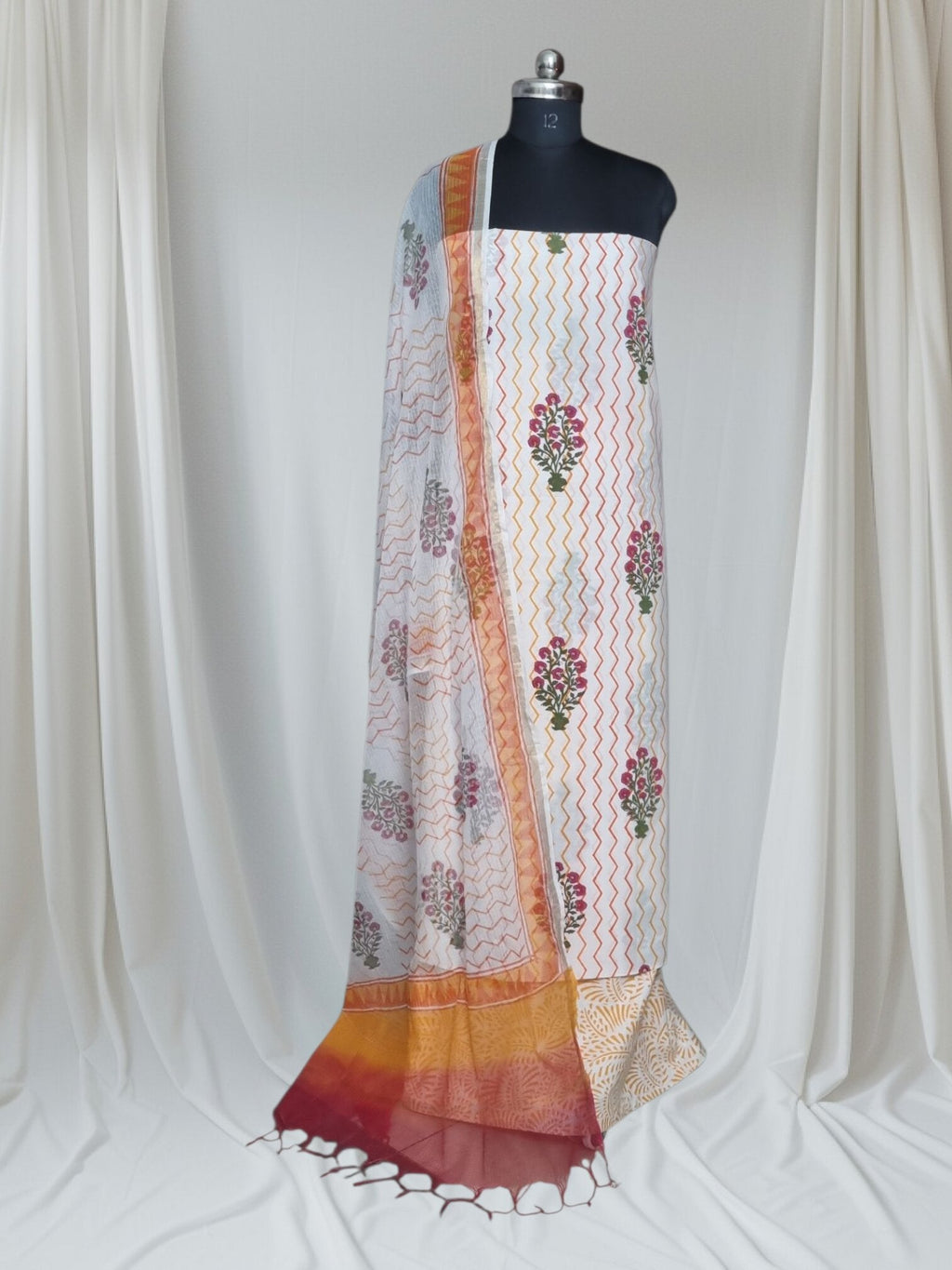White Orange & Red Mughal Block Print Cotton Suit – Full Drape Portrait with Kota Doria Dupatta