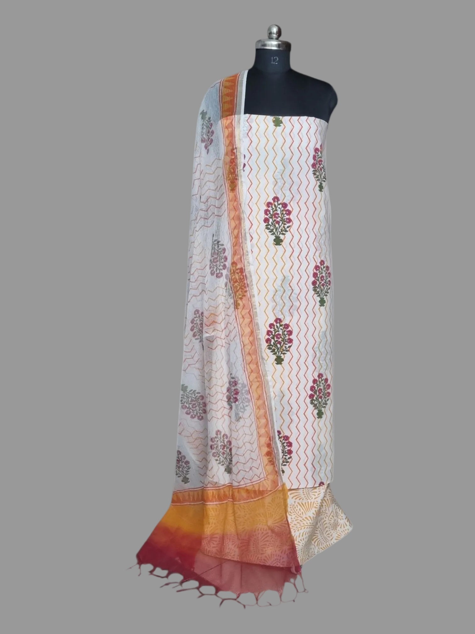 White, Orange & Red Mughal Block Print Cotton 3-Piece Unstitched Suit with Kota Doria Dupatta – Studio Portrait