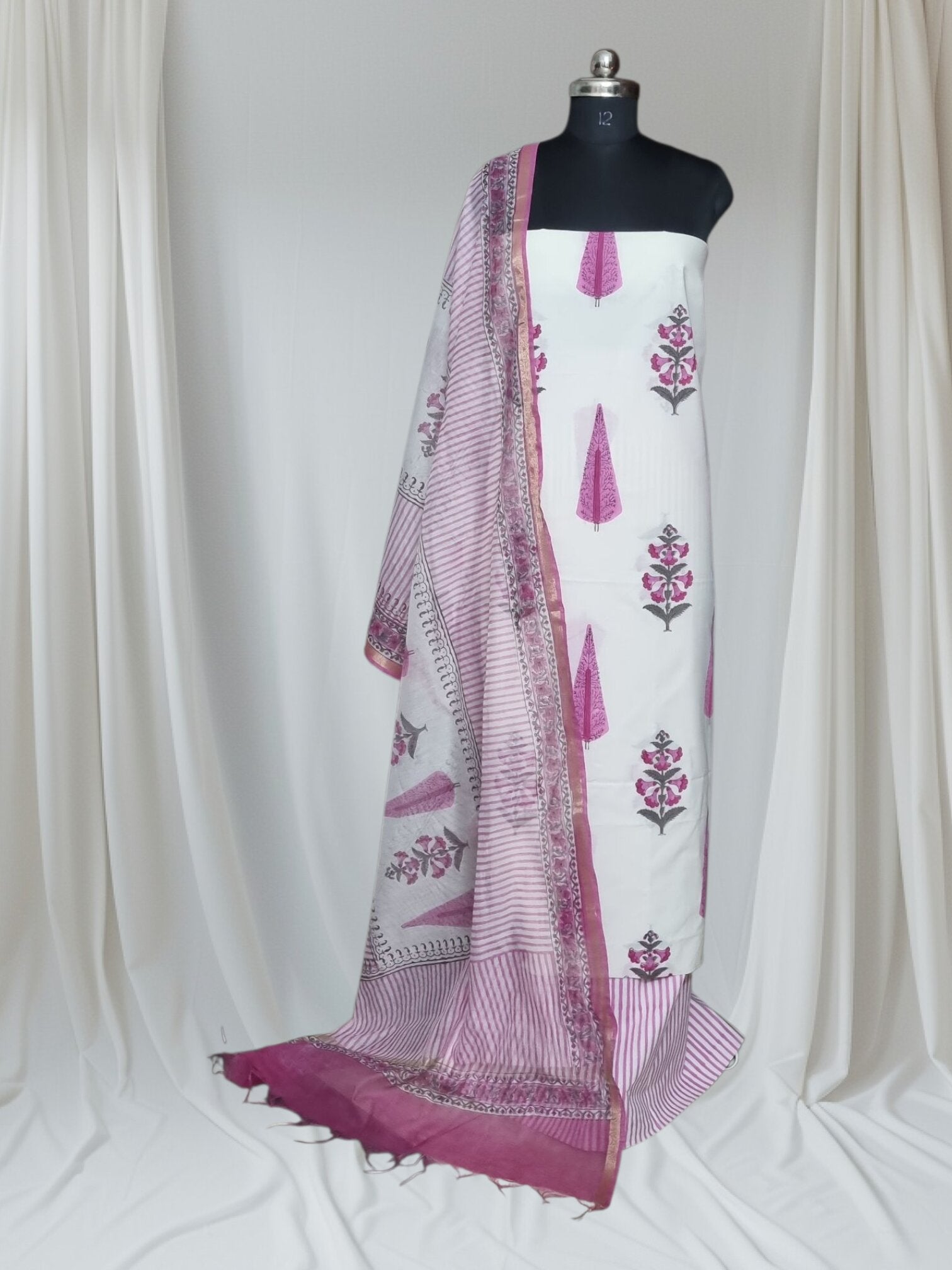 Block Print Cotton Suit Fabric with Chanderi Silk Dupatta – Cream Pink Green – Lifestyle Shot – Indian Handloom
