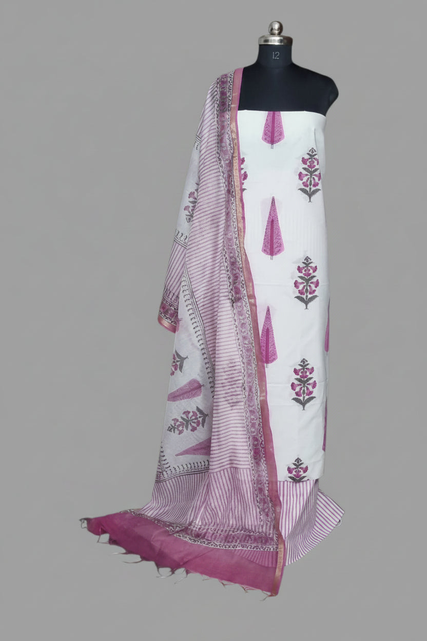 Floral Mughal Block Print Cotton Unstitched Suit – Cream Pink Green – Hero Shot – Indian Handloom