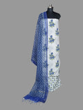 White & Blue Pomegranate Block Print Cotton 3-Piece Unstitched Suit with Kota Doria Dupatta – Studio Portrait