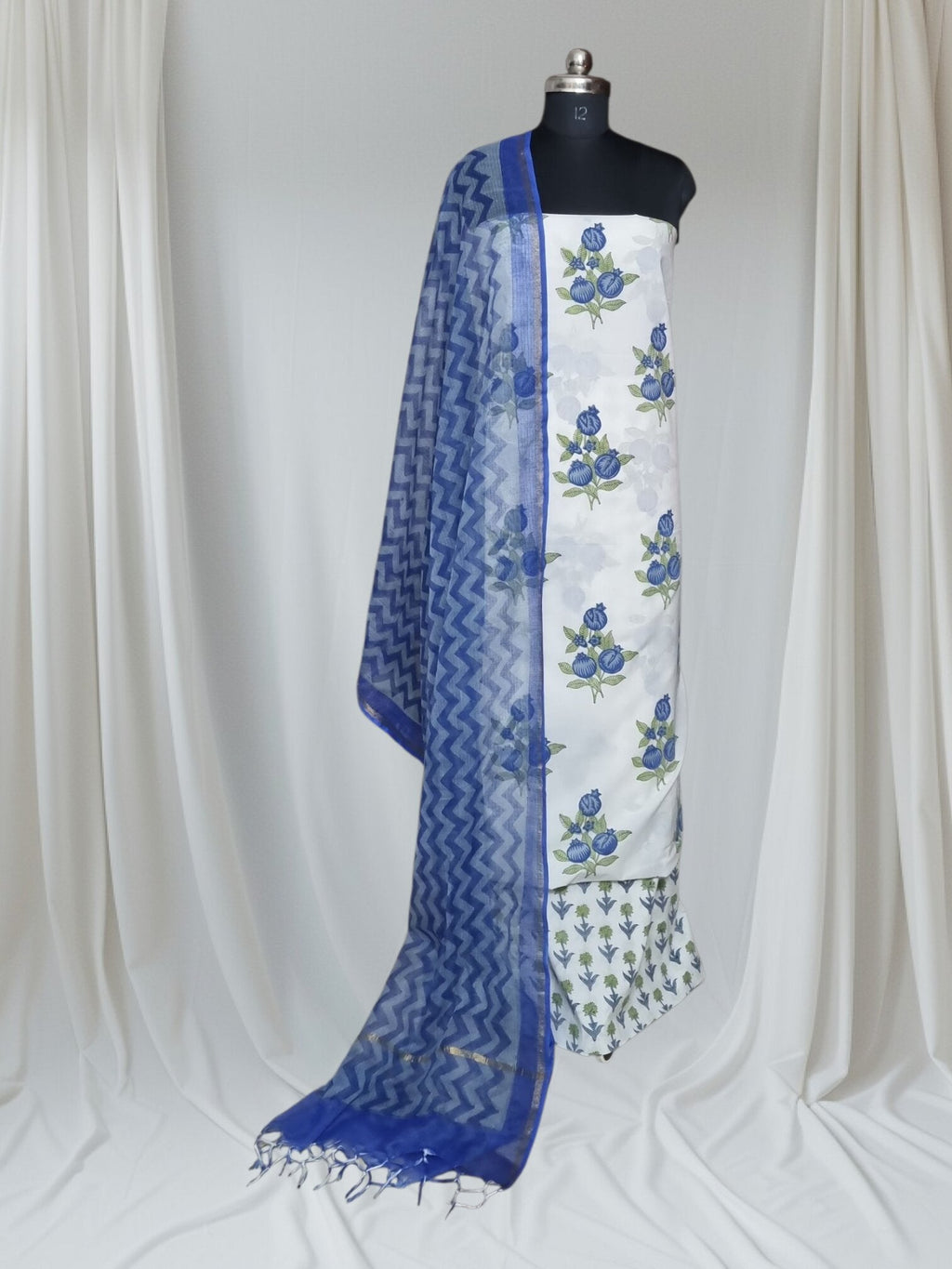 White & Blue Pomegranate Block Print Cotton Suit – Full Drape Portrait with Kota Doria Dupatta