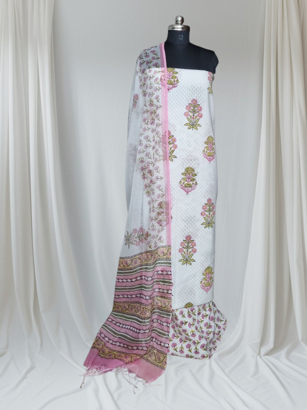 White & Pink Floral Block Print Cotton Suit – Full Drape Portrait with Kota Doria Dupatta