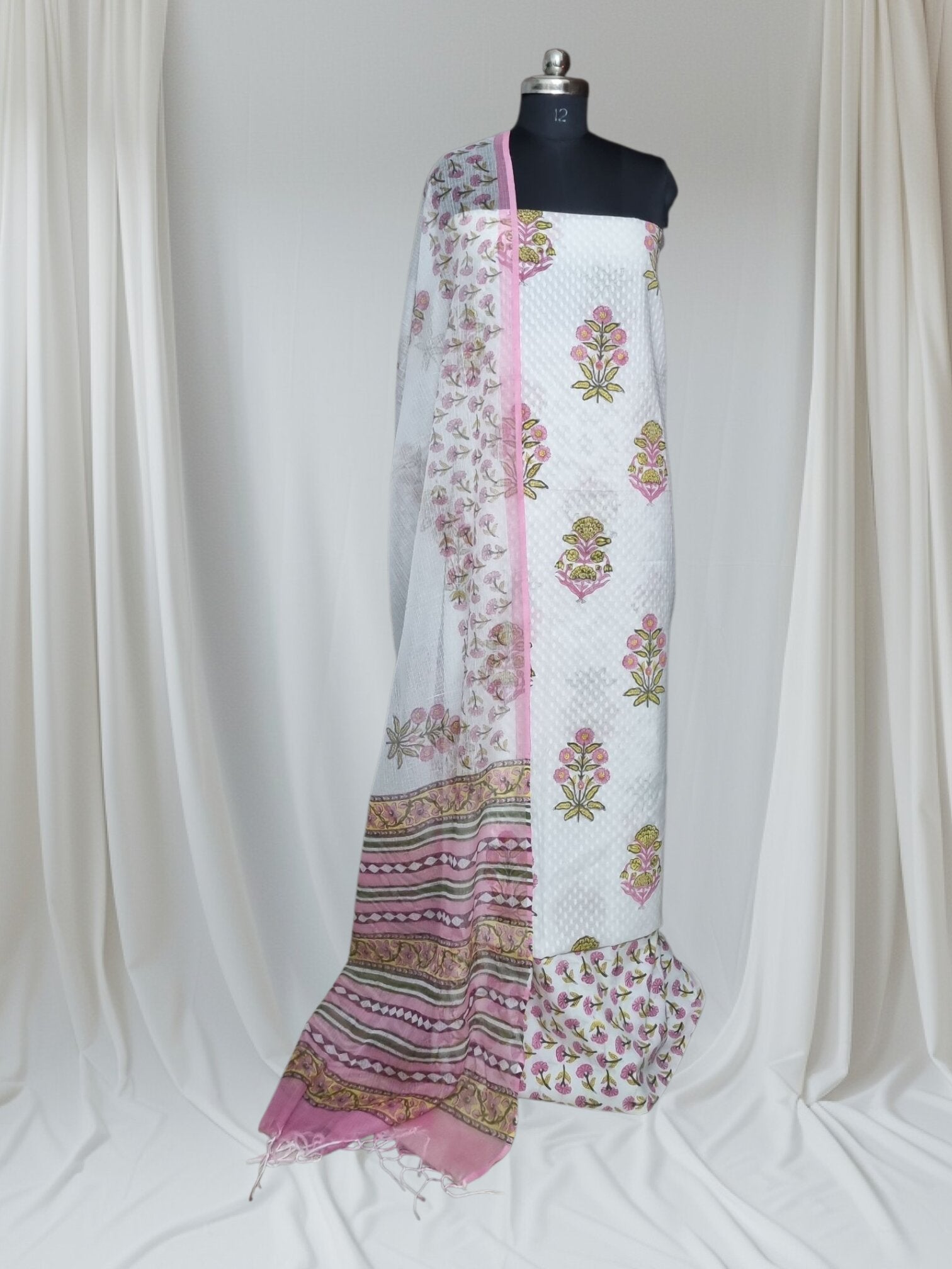 White & Pink Floral Block Print Cotton Suit – Full Drape Portrait with Kota Doria Dupatta