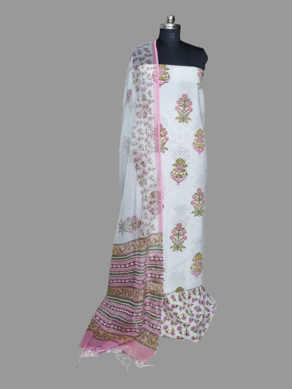 White & Pink Floral Block Print Cotton 3-Piece Unstitched Suit with Kota Doria Dupatta – Studio Portrait