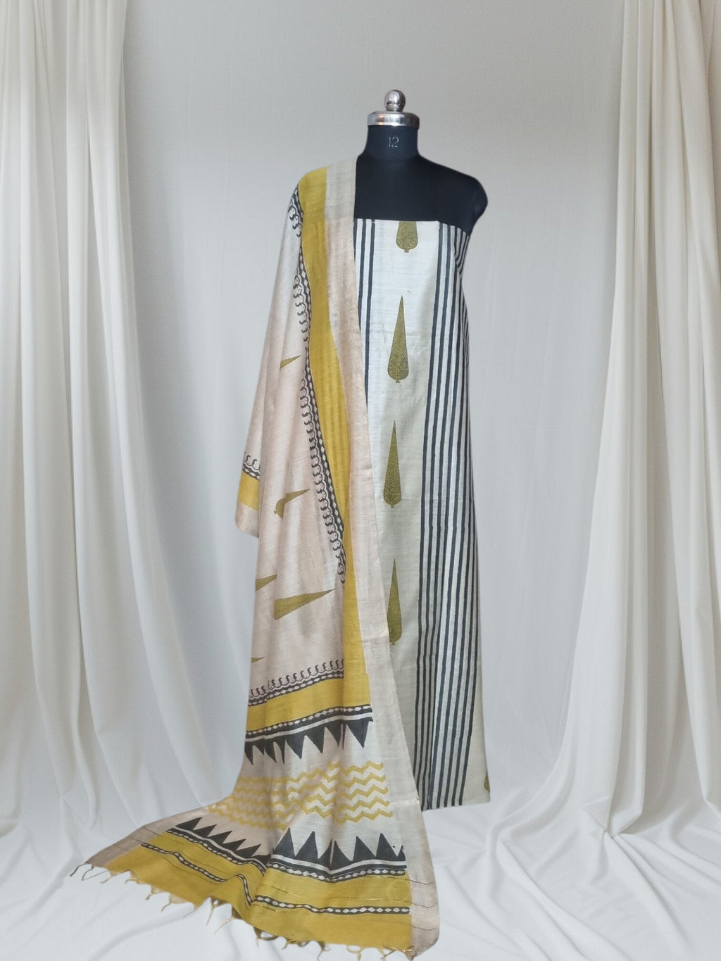 Block Print 2-Piece Unstitched Suit in Beige Black and Yellow – Styled Look