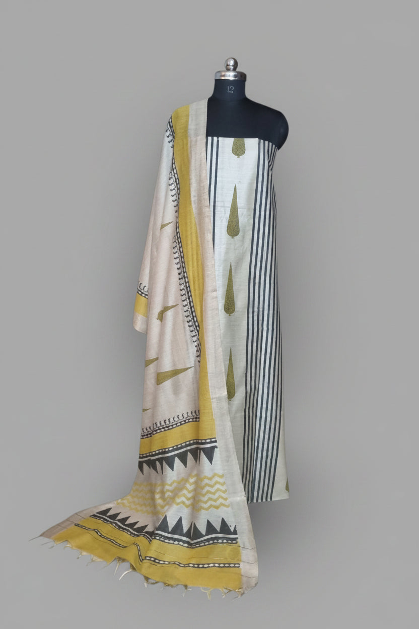 Block Print Munga Silk Unstitched Suit in Beige Black and Yellow – Front View
