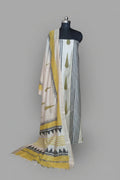Block Print Munga Silk Unstitched Suit in Beige Black and Yellow – Front View